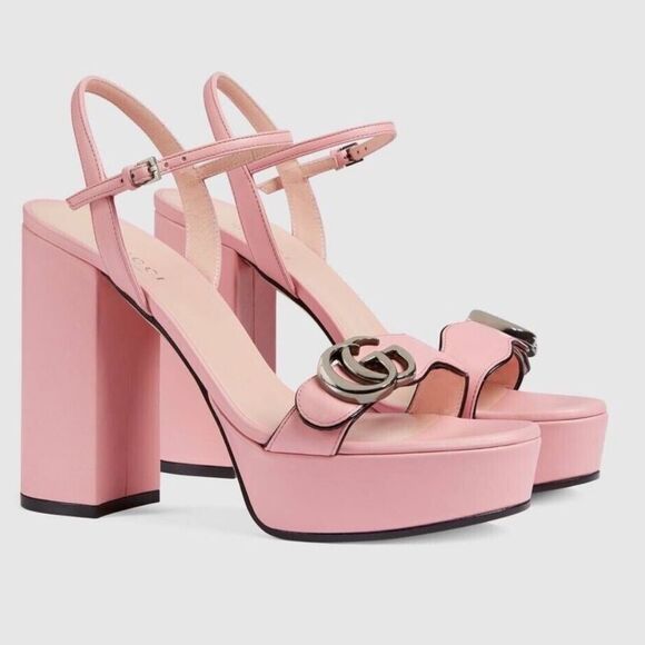 Gucci Shoes - Gucci Marmont Pink Leather Gg Ankle Strap Block Heel, EU37/US 7, NWT Authentic